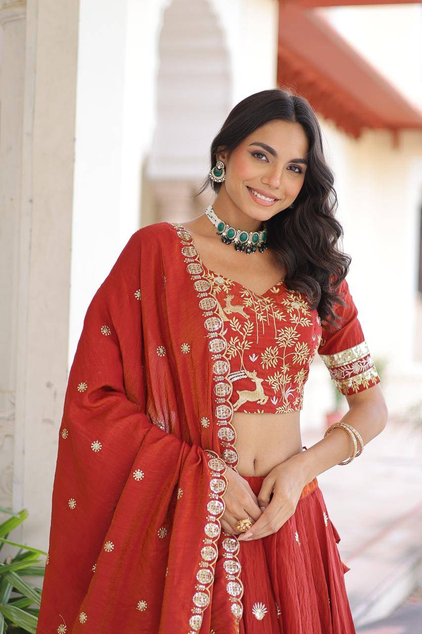 KA 5062 Vichitra Silk Red Designer lehengha choli suppliers in Mumbai